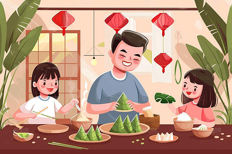 端午包粽子节日小吃插画