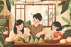 端午包粽子温馨阖家团聚插画