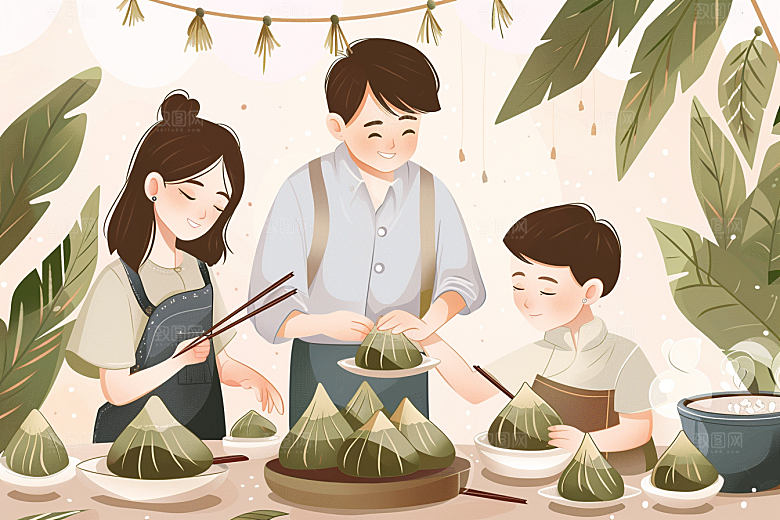 端午包粽子糯米粽叶插画