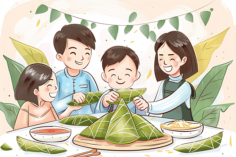 端午包粽子粽叶节日氛围插画