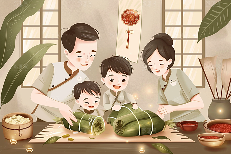 端午包粽子美味节日插画