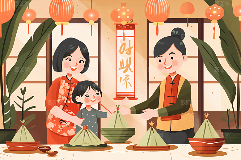 端午包粽子节日氛围粽叶插画