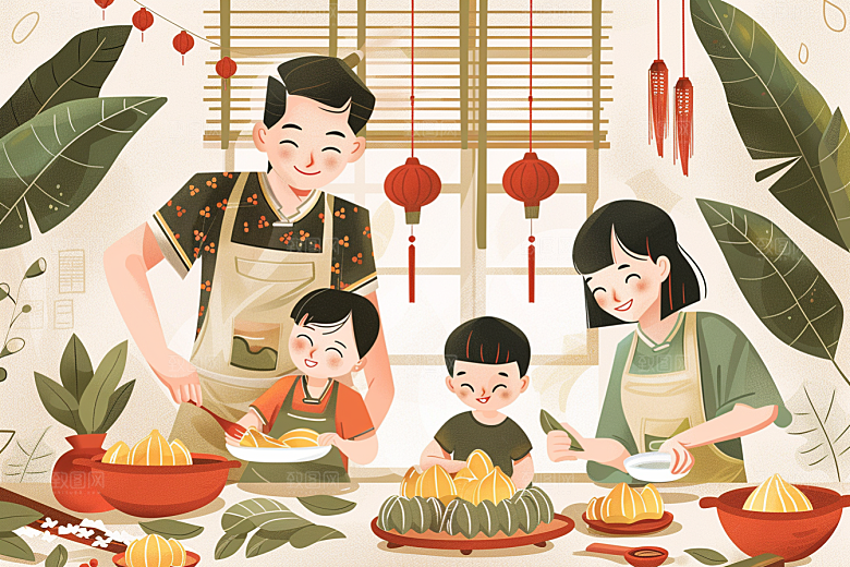 端午包粽子习俗手绘插画