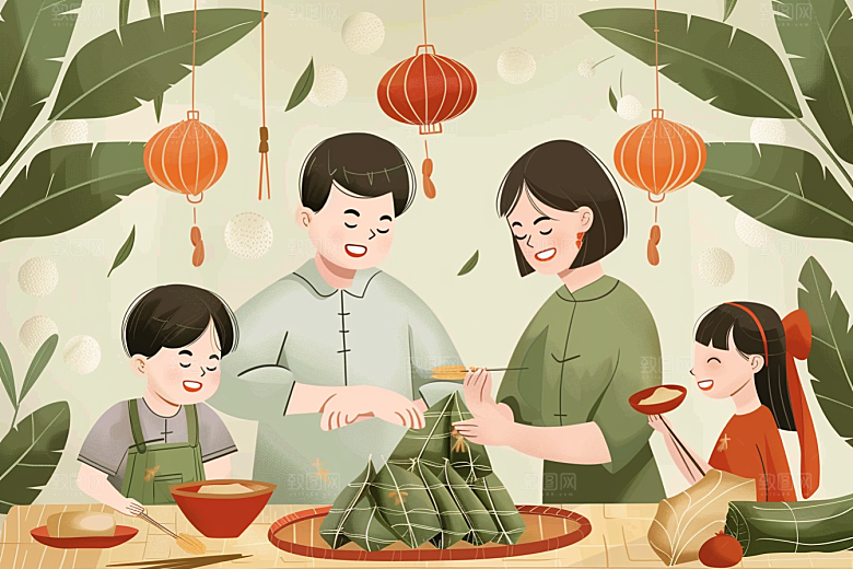 端午包粽子习俗阖家团聚插画