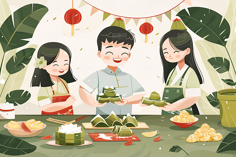 端午包粽子小吃美食插画
