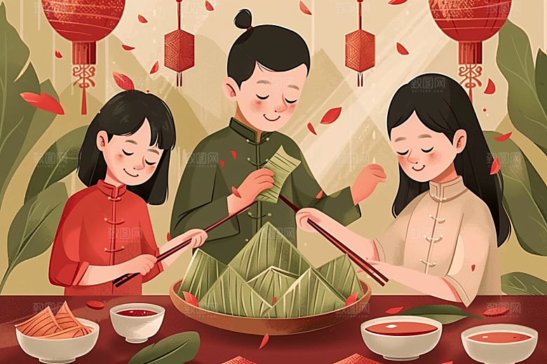端午包粽子节日氛围美味插画