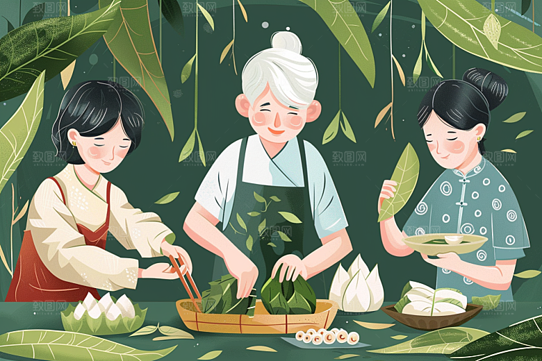 端午包粽子手绘阖家团聚插画
