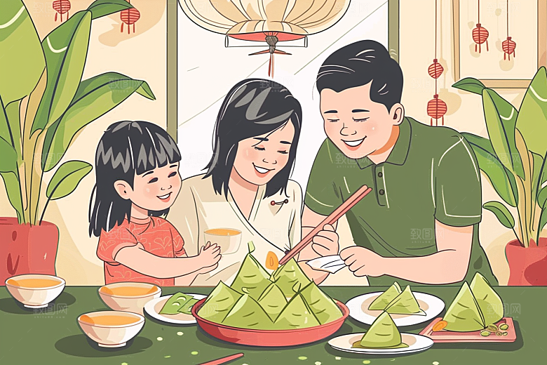 端午包粽子阖家团聚温馨插画