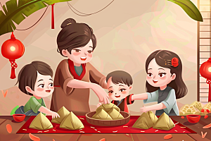 端午包粽子美食幸福插画