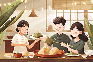 端午包粽子手绘节日插画