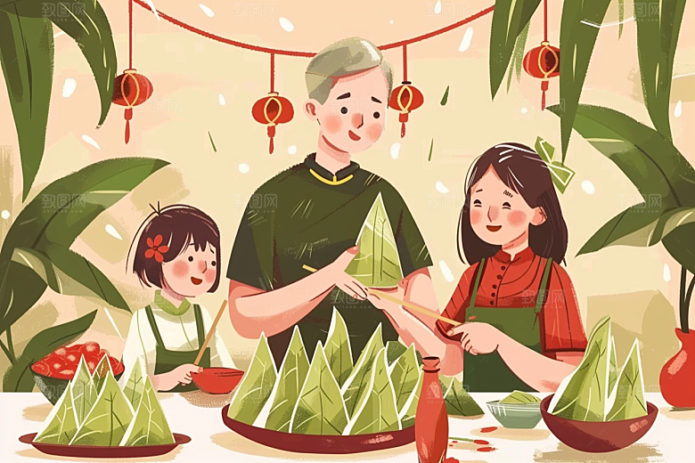 端午包粽子美食高清插画