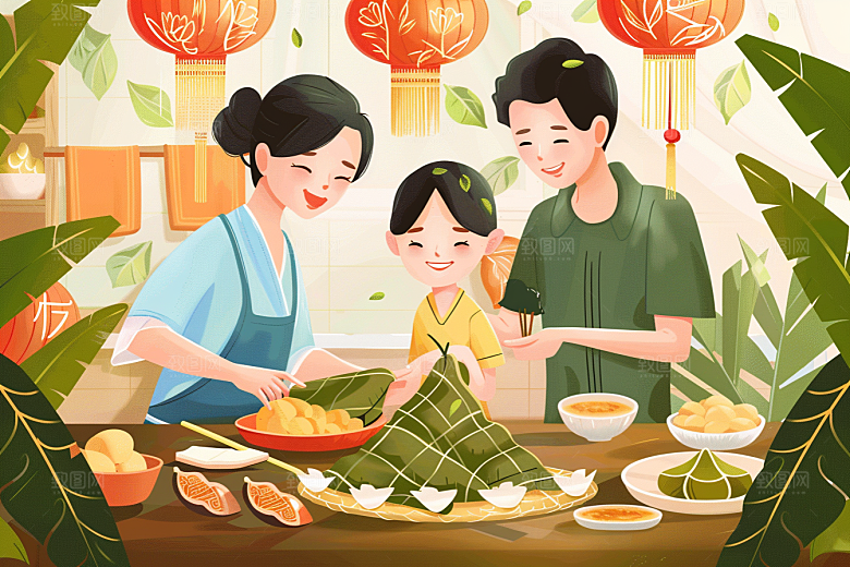 端午包粽子习俗节日氛围插画