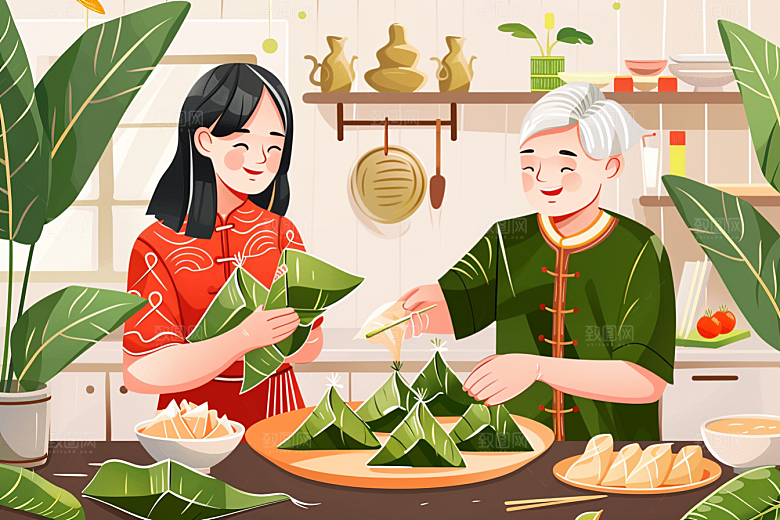 端午包粽子节日氛围习俗插画