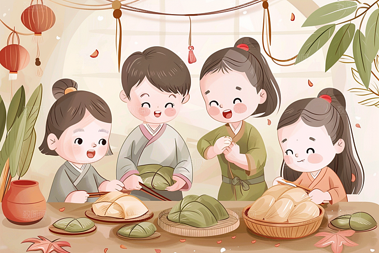端午包粽子温馨习俗插画