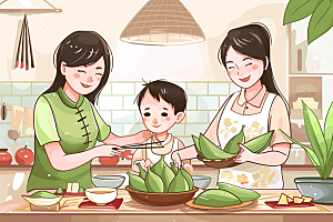 端午包粽子手绘习俗插画
