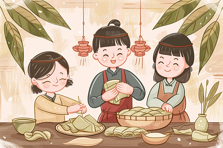 端午包粽子幸福手绘插画