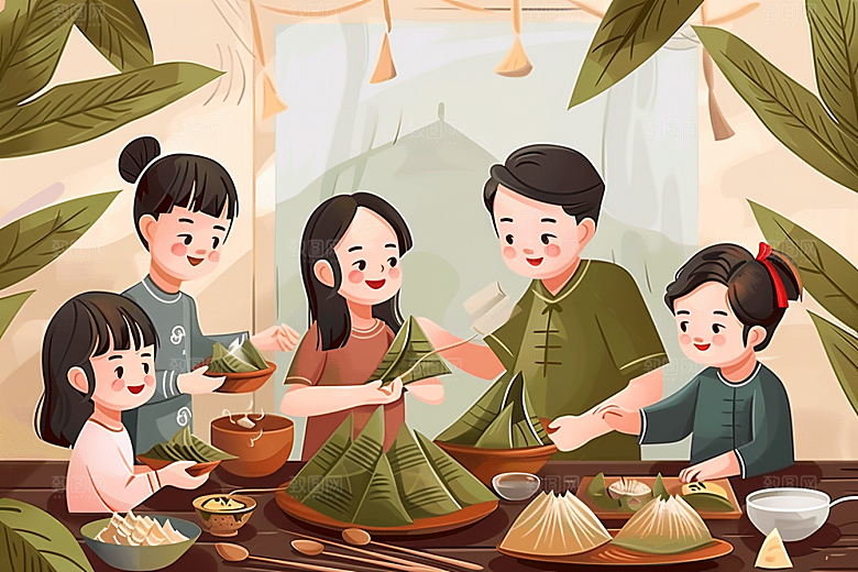 端午包粽子阖家团聚糯米插画