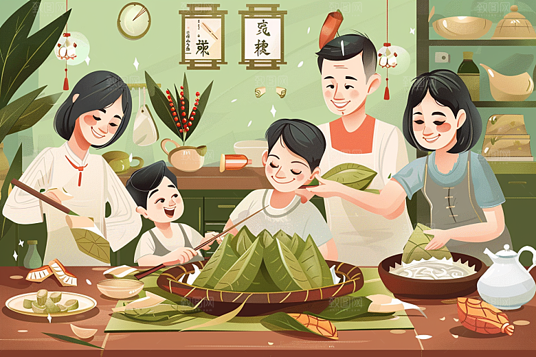 端午包粽子温馨糯米插画