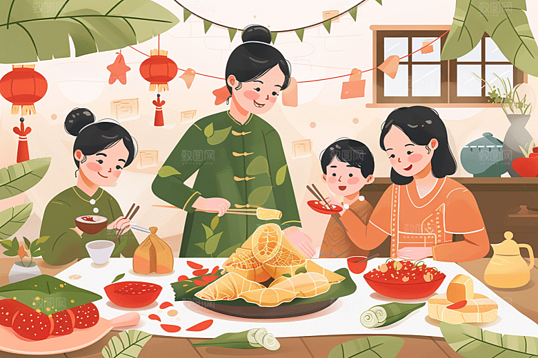 端午包粽子节日氛围阖家团聚插画
