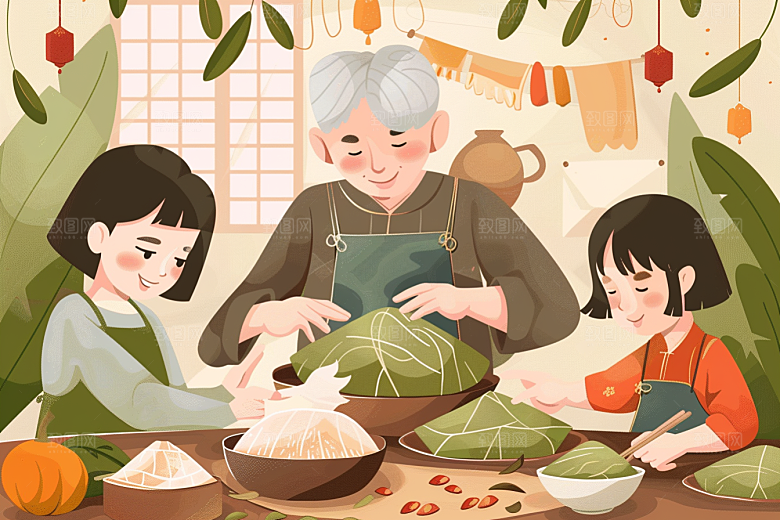 端午包粽子习俗美食插画