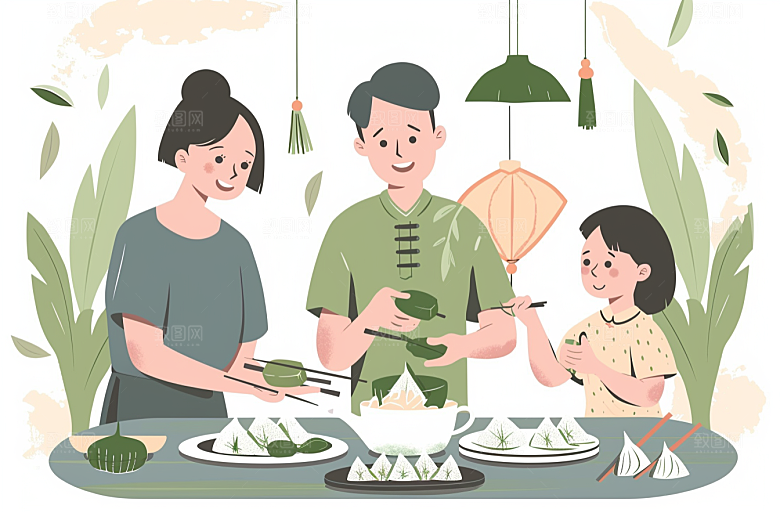 端午包粽子习俗传统文化插画