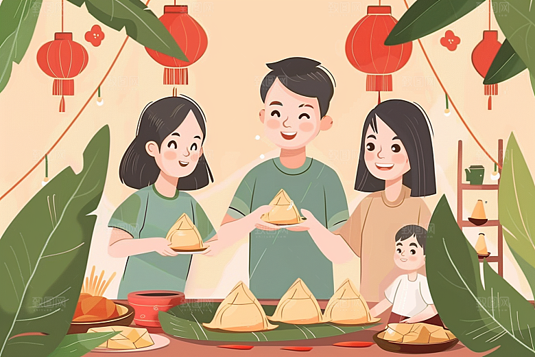 端午包粽子温馨美食插画