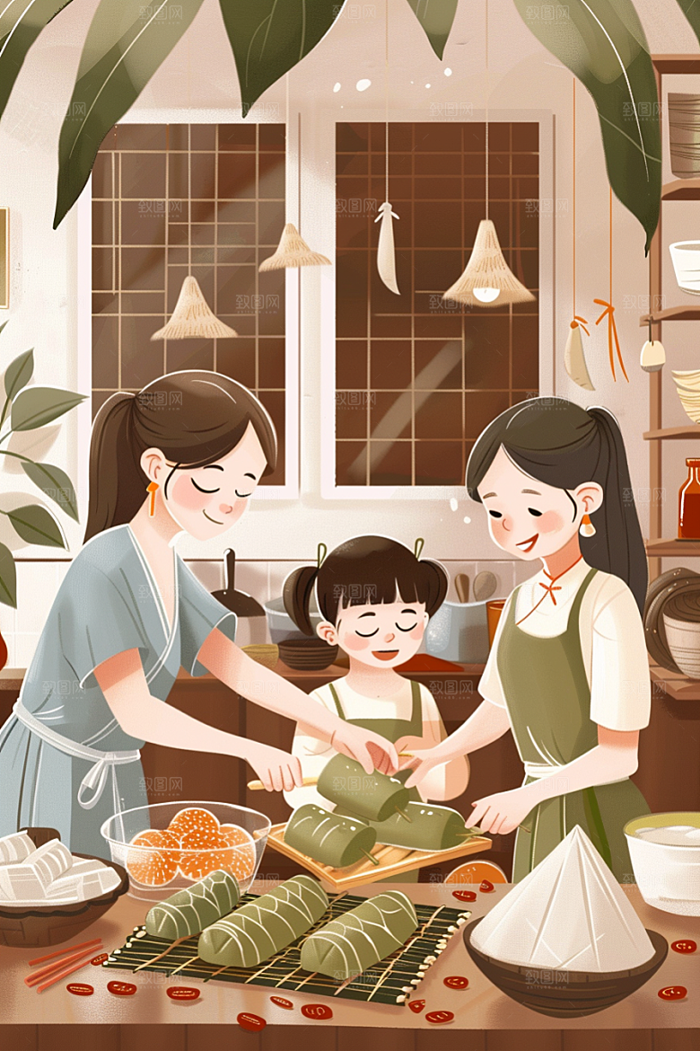 端午包粽子温馨习俗插画