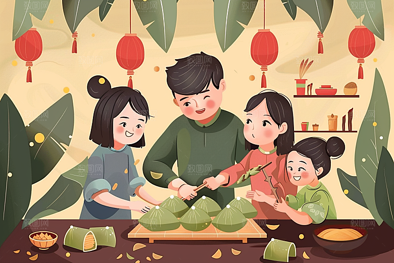 端午包粽子小吃阖家团聚插画