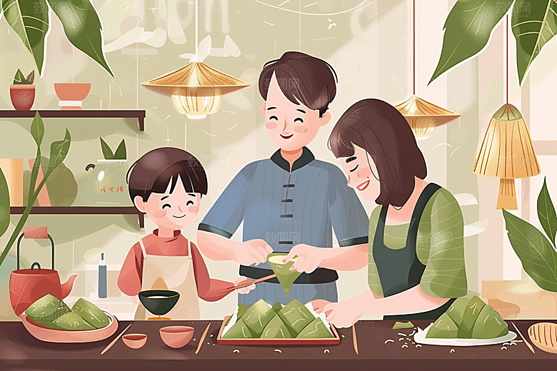 端午包粽子传统文化粽叶插画