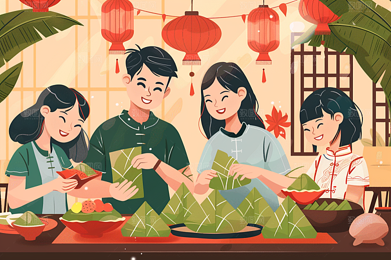端午包粽子传统文化粽叶插画