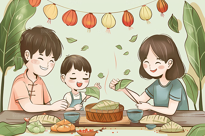 端午包粽子高清粽叶插画