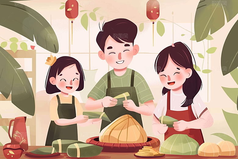端午包粽子美味美食插画