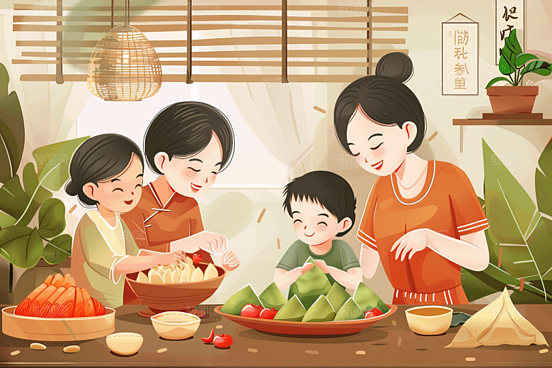 端午包粽子温馨习俗插画