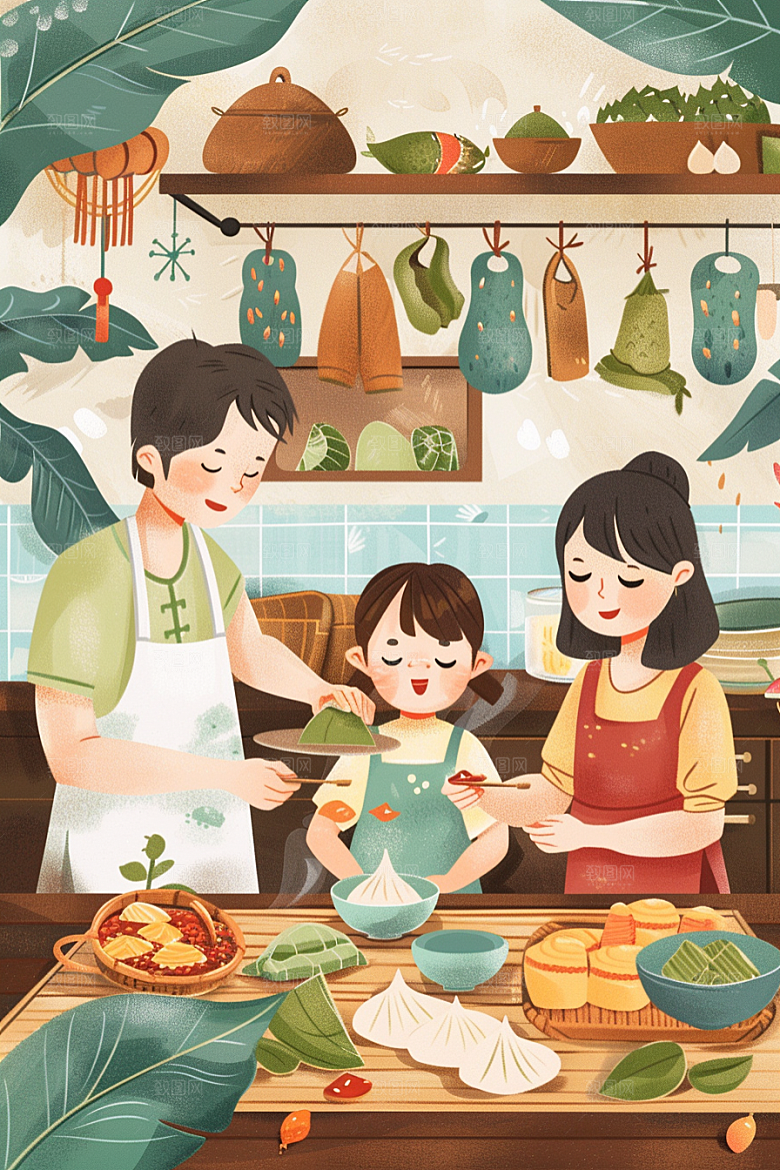 端午包粽子节日小吃插画
