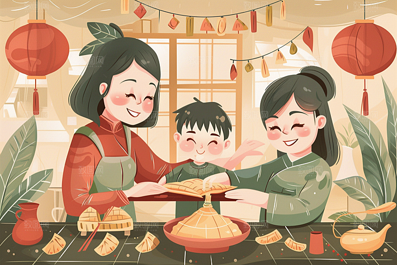 端午包粽子幸福美味插画