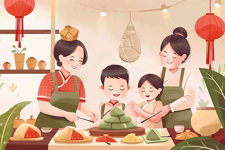 端午包粽子传统文化节日氛围插画