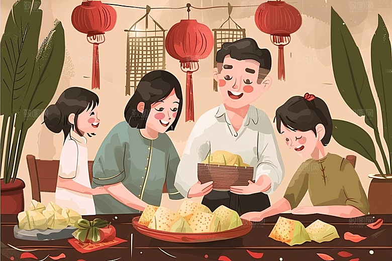 端午包粽子端午节节日氛围插画