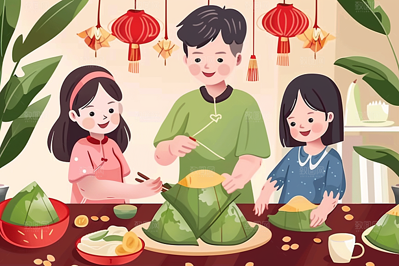 端午包粽子高清手绘插画