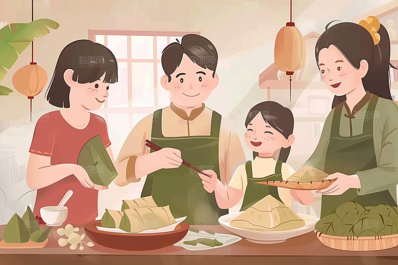 端午包粽子糯米节日氛围插画