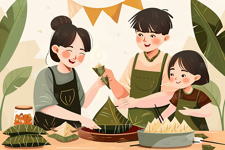 端午包粽子粽叶习俗插画