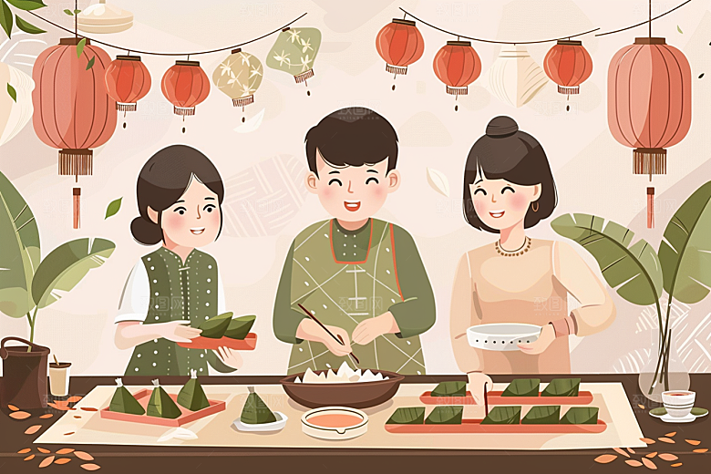 端午包粽子传统文化糯米插画
