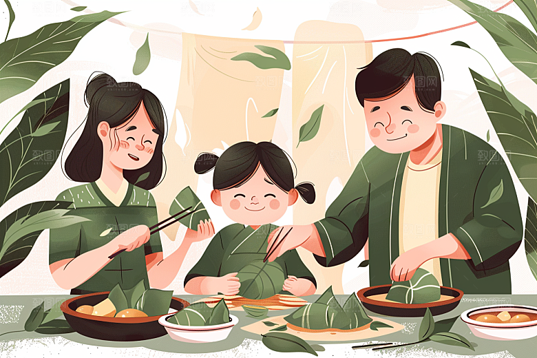 端午包粽子糯米手绘插画