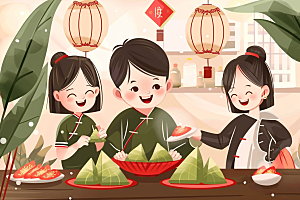 端午包粽子节日氛围小吃插画