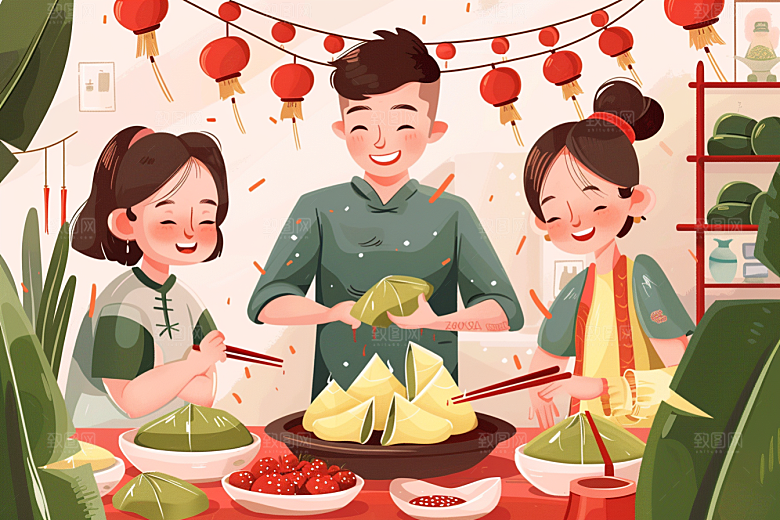 端午包粽子美食美味插画