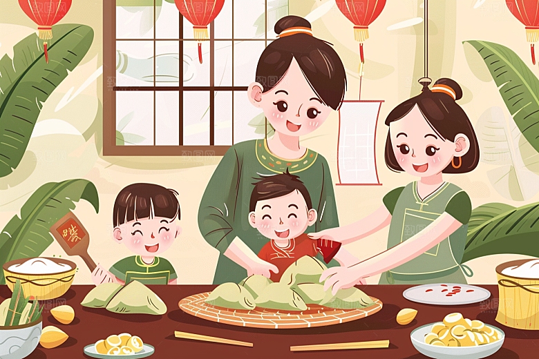 端午包粽子小吃美食插画