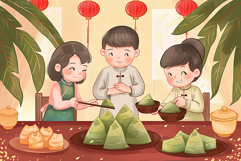 端午包粽子高清幸福插画