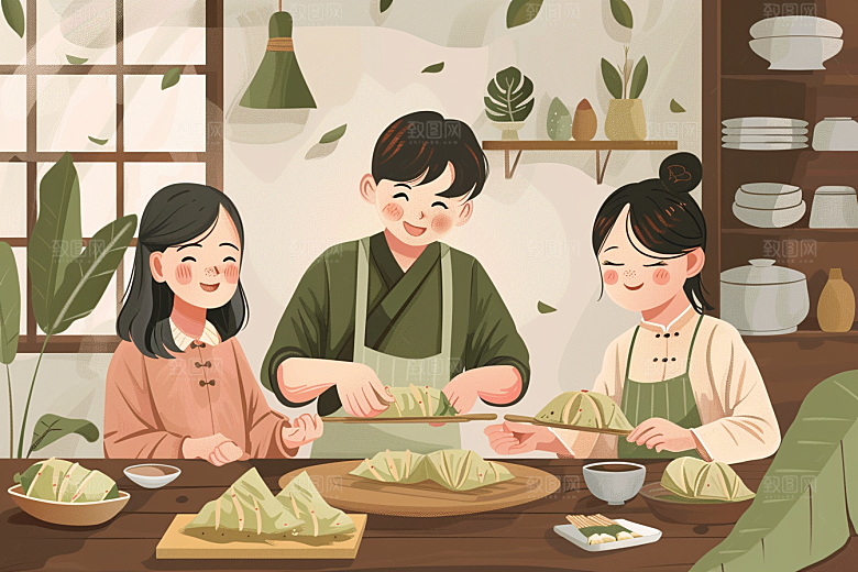 端午包粽子阖家团聚幸福插画