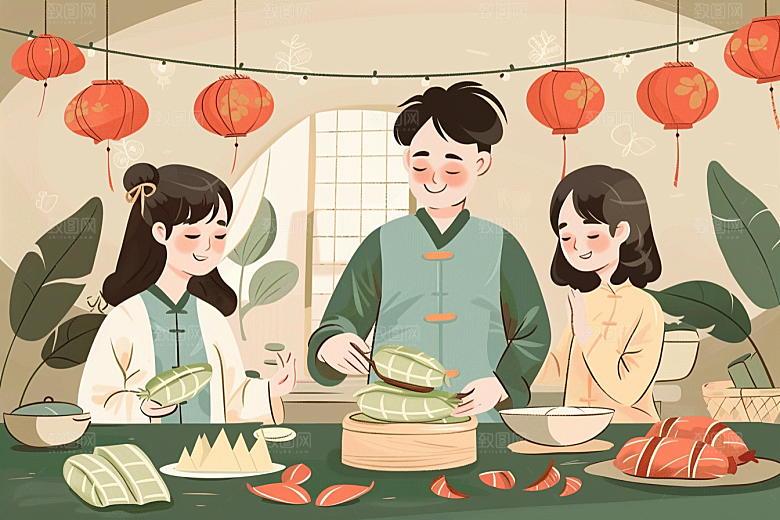 端午包粽子粽叶小吃插画