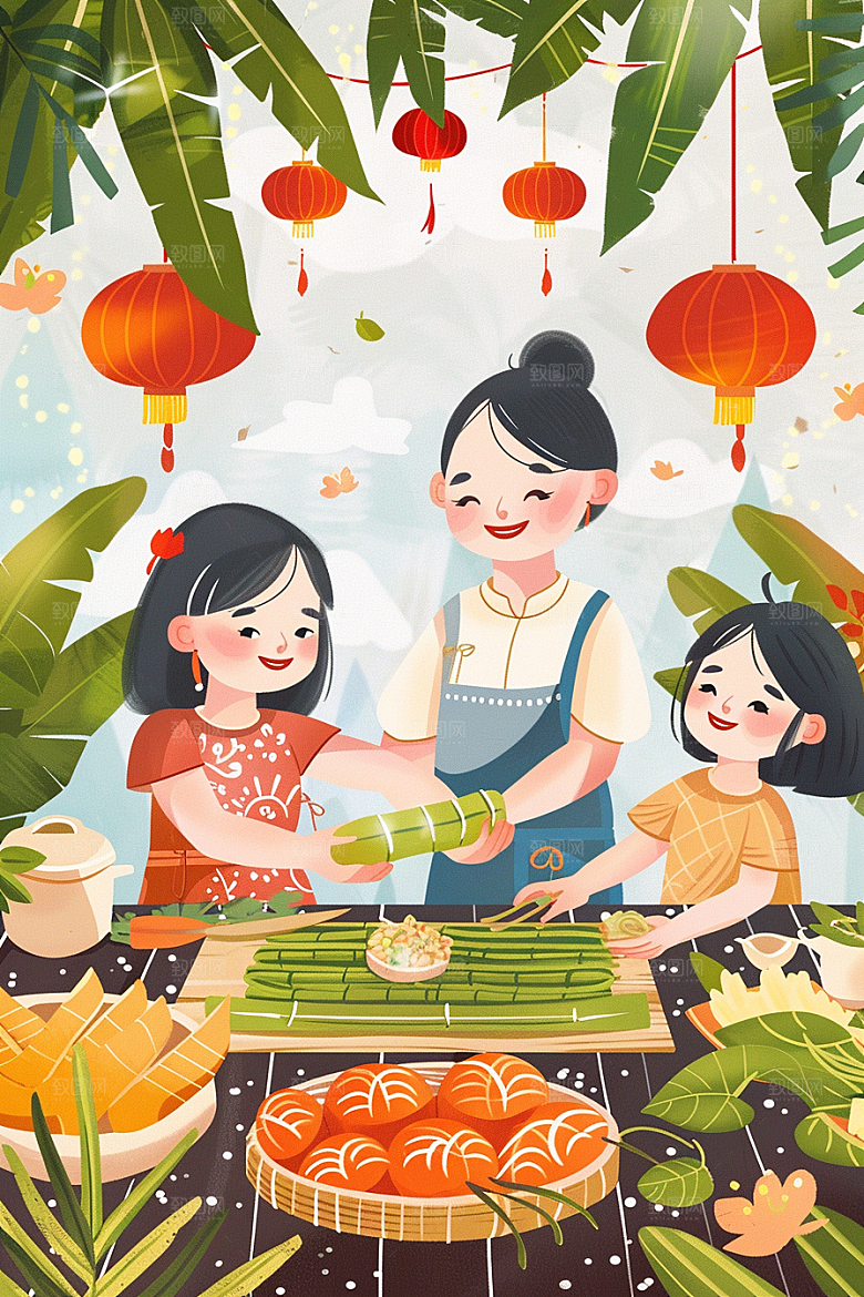 端午包粽子高清幸福插画