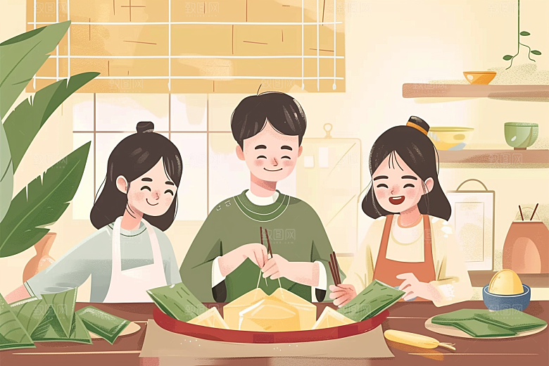 端午包粽子美味幸福插画